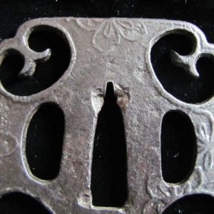 C303. Square Iron Tsuba with Boar’s Eye Sukashi