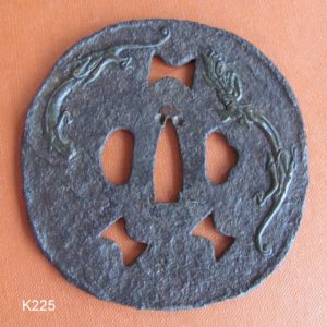 K225. Most Unusual Iron Thin Plate Tsuba with Shakudo Dragon…