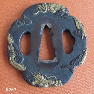 K263. Fine Shakudo Nanako Tsuba with Gold Dragons