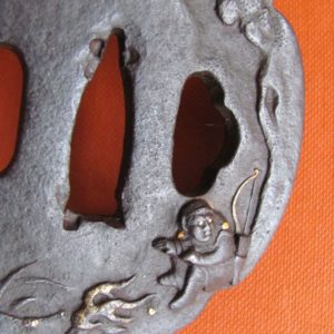 T295. Iron tsuba with Night Watchman. Ex Holbrook