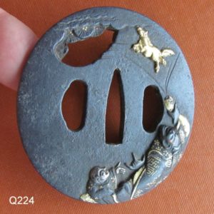 Q224. Iron Tsuba with Elaborate Inlay