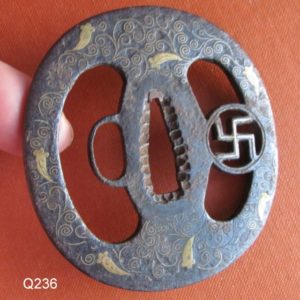 Q236. Iron Tsuba with Extensive Fine Brass Inlay