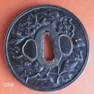 Q238. Iron Tsuba Finely Carved with Plants & Dew