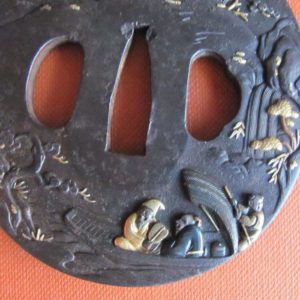 Q248. Iron Tsuba with Extensive Inlay