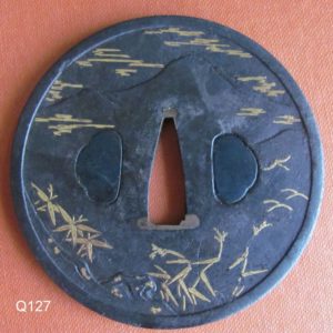 Q127. Iron & Gold Tsuba with Hakogaki