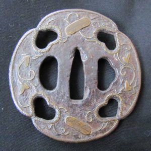 M237. Iron Sukashi Tsuba with Brass Inlay