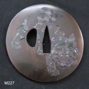 M227. Shakudo Tsuba with Shishi