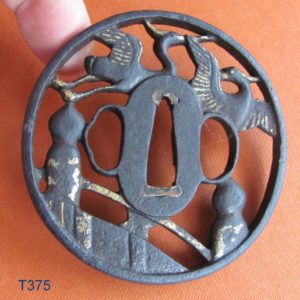 T375. Iron Sukashi Tsuba, Cranes & Bridge