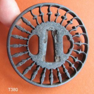 T380. Iron Sukashi Tsuba. Birds and Ginger