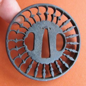 T380. Iron Sukashi Tsuba. Birds and Ginger