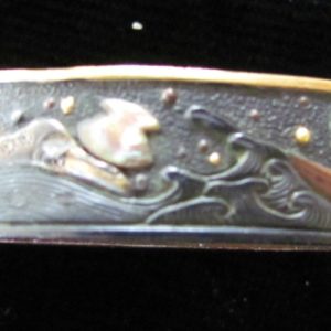 Q270. Fuchi Kashira: Shakudo with Soft Metal & Mother o…