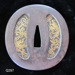 Q297. Iron and Gold Tsuba. Higo