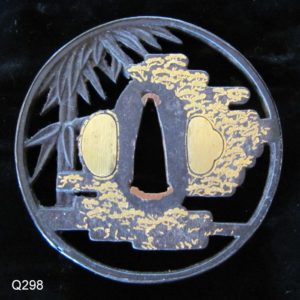 Q298. Iron Sukashi Tsuba with Extensive Gold Inlay