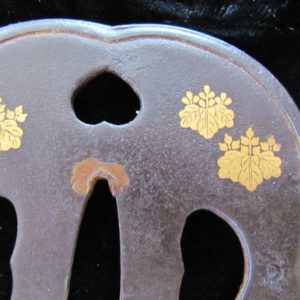 Q303. Iron Tsuba with Boar’s Eye Sukashi & Gold K…