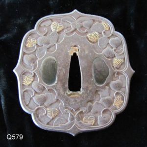 Q579. Iron Tsuba with Fine Carving & Gold