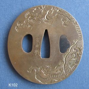 K102. Shibuichi Tsuba by Soyo. Tiger & Dragon