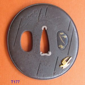 T177. Iron Tsuba, Golden Bird and Rain. Special