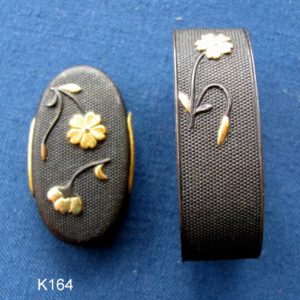 K164. Shakudo Nanako Fuchi Kashira, Gold Inlay