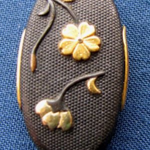 K164. Shakudo Nanako Fuchi Kashira, Gold Inlay