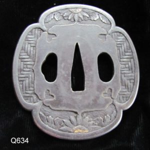 Q634. Iron Tsuba with Carved Basket Weave and Kiku