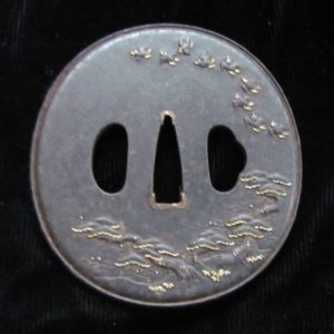 Q640. Iron Tsuba Plovers in Gold Inlay