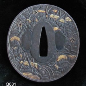 Q631. Iron Tsuba with Bell Crickets and Flowers in Gold