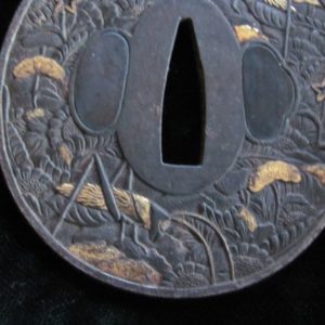 Q631. Iron Tsuba with Bell Crickets and Flowers in Gold