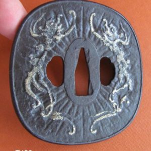 T420. Iron Tsuba with Gold Dragons