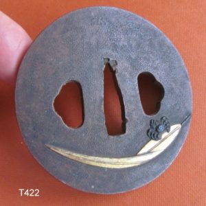 T422. Copper or Yamagane Tsuba with Gold & Shakudo