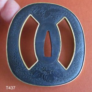 T437. Papered Higo Tsuba. Shakudo with Gold