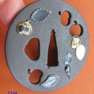 T194. Iron Sukashi Tsuba with gold and shakudo plants