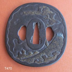 T470. Iron Tsuba with Gold & Silver Nunome. Volcano