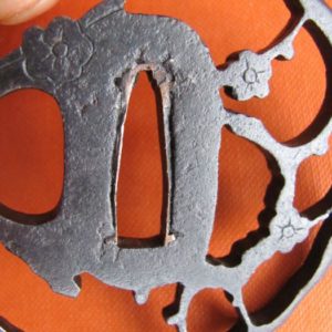 T216. Iron Sukashi Tsuba. Bird & Cherry