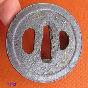 T242. Iron Tsuba with Fine Brass & Silver Inlay