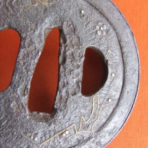 T242. Iron Tsuba with Fine Brass & Silver Inlay