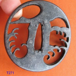 T271. Iron Sukashi Tsuba: Crane over Waves