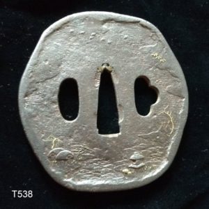 T538. Iron Tsuba with Inlay & Folded Rim