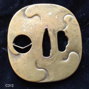 C312. Brass Tsuba with Gold Inlay, Ko-Umetada?