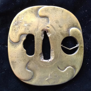 C312. Brass Tsuba with Gold Inlay, Ko-Umetada?