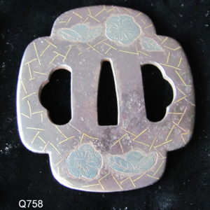 Q758. Iron Tsuba with Brass and Silver Inlay