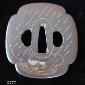 Q777. Iron Tsuba with Rain & Umbrellas