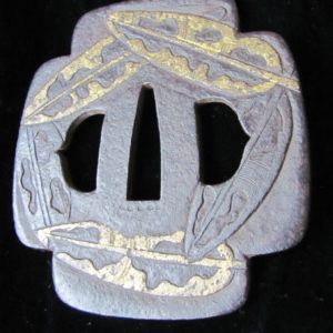Q757. Iron Tsuba with Gold Inlay