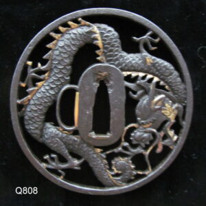 Q808. Iron Sukashi Dragon Tsuba with Plenty of Gold