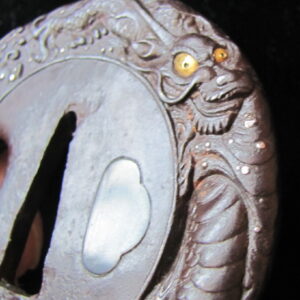 Q861. Iron Tsuba with Large Raised Rim: Dragon