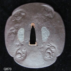 Q870. Large Iron Tempo Tsuba with Rabbits and Bats